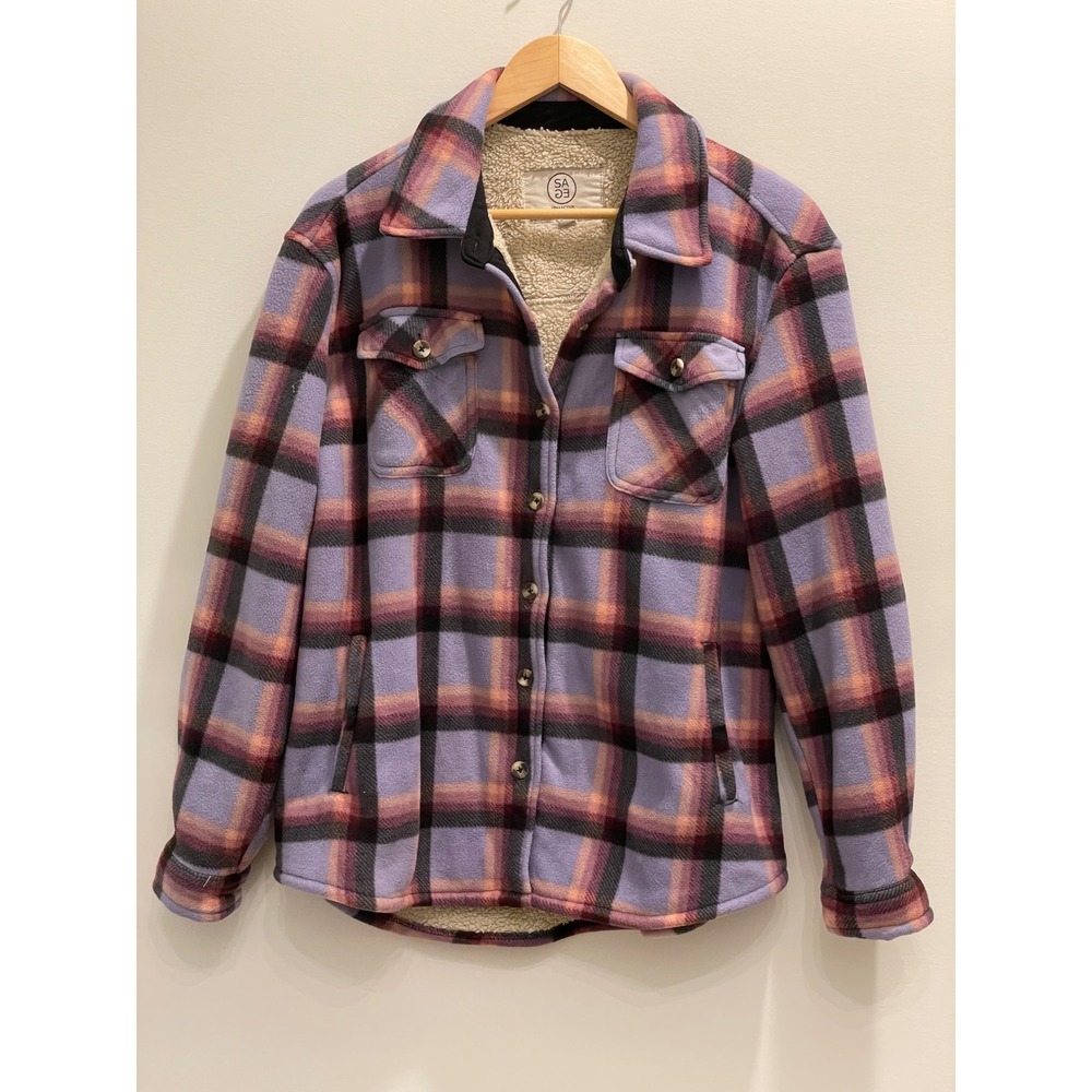 Sage Collective Womens Purple Plaid Sherpa Lined Fleece Shacket Jacket Large